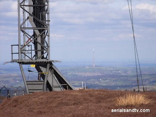 Base of Holme Moss transmitter with Emley Moor in the background 525W