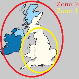 Recommended areas for Sky satellite zone 1 or zone 2 dishes 265sq