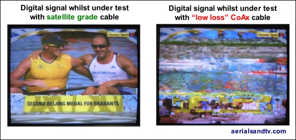 Digital TV signal under test using satellite and low loss coax cable H 582W L5