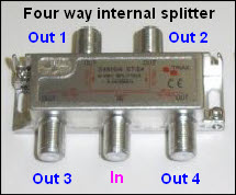 4 way F conn internal splitter  215W L10 10kB